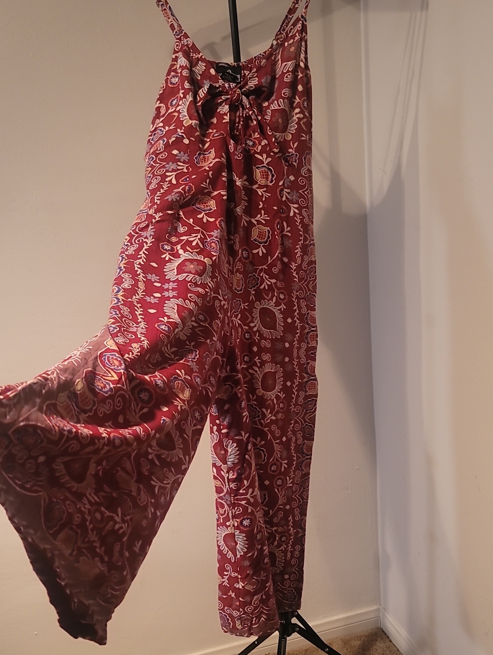Angie Wide Leg Capri Maroon Floral Print Tie-Front Boho Jumpsuit